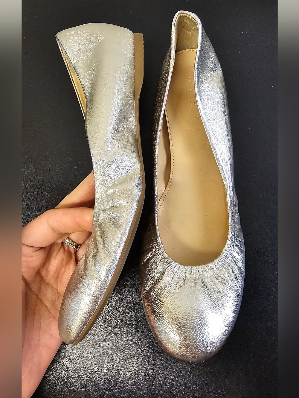 J.Crew Metallic Silver Leather Scrunch Ballet Flats - Size 6